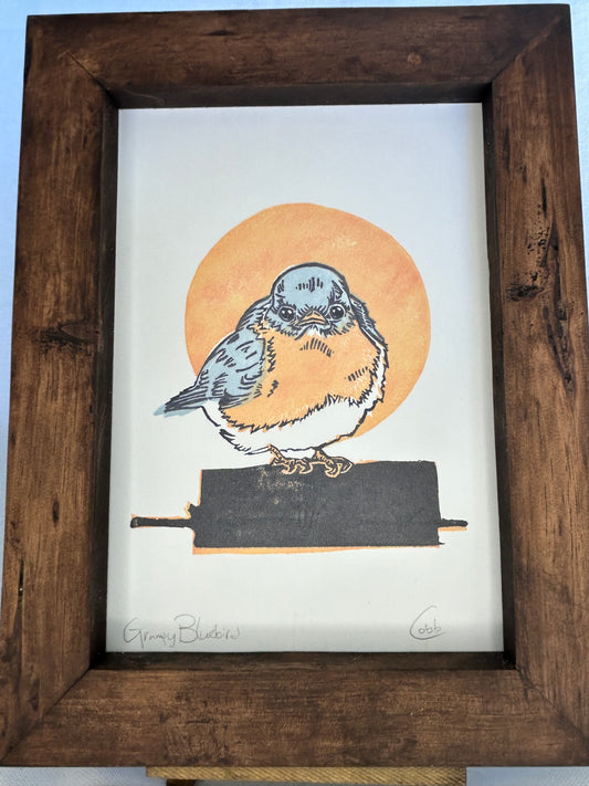 Grumpy Bluebird Linoleum Print