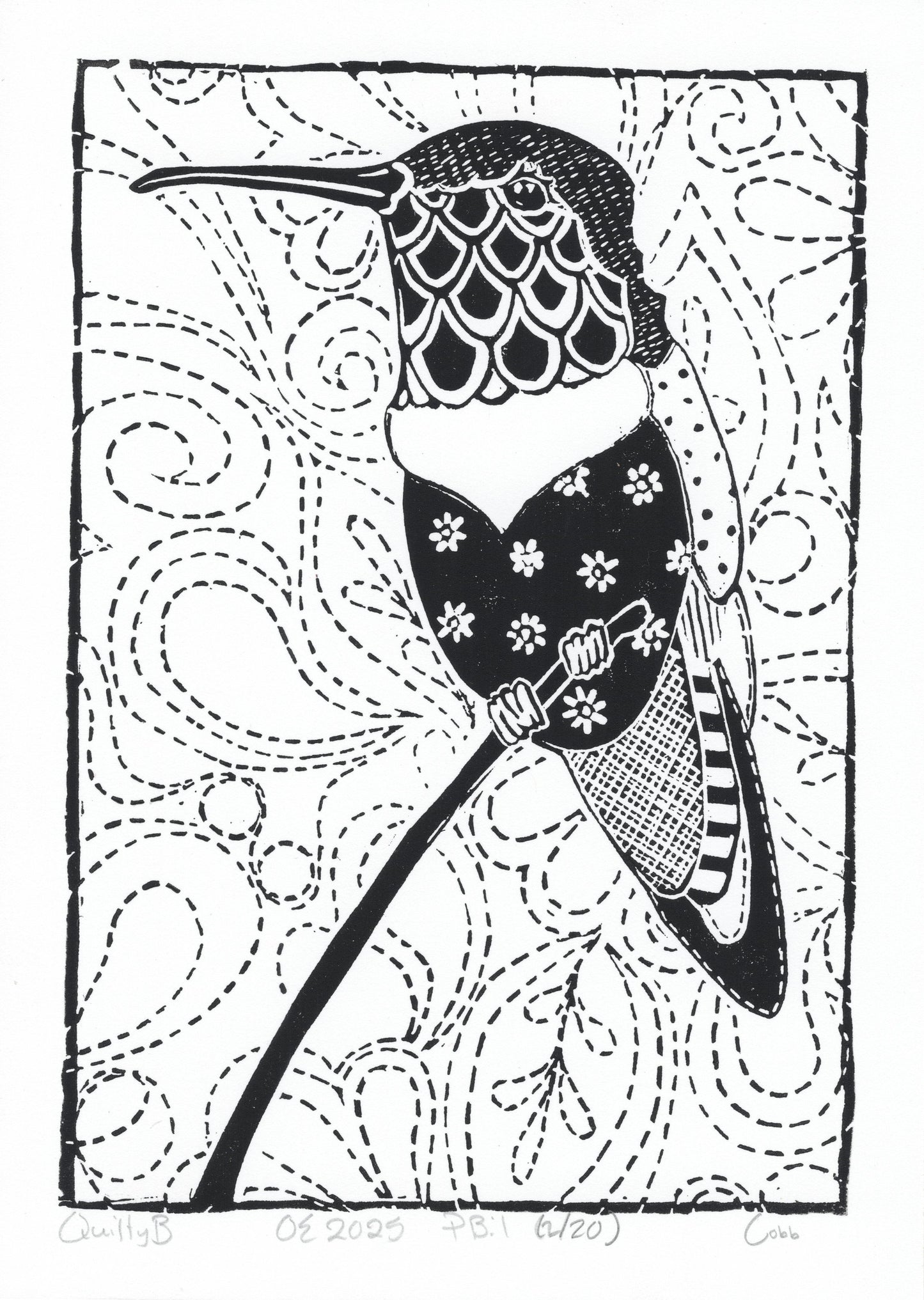 Quilted Hummingbird Linoleum Print