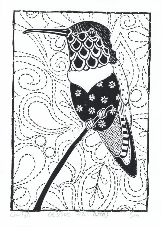 Quilted Hummingbird Linoleum Print